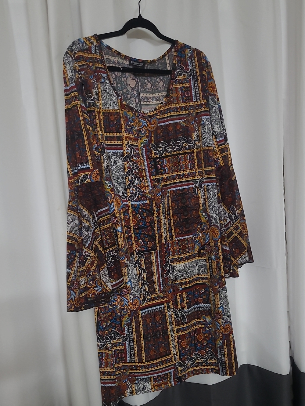 Women's Long Sleeve Patchwork Print Dress - Brown Multi